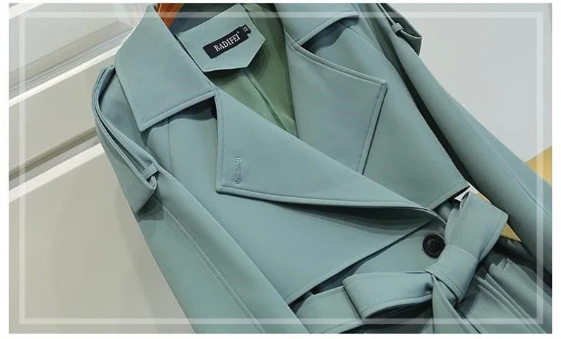Women Long Trench Coat Fashion Windproof Coat Double Breasted Trench Coats Green Belt Windbreaker Spring Autumn Female Outerwear