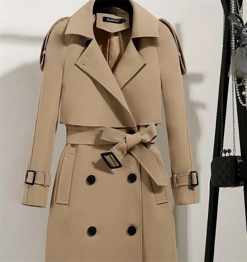 Women Long Trench Coat Fashion Windproof Coat Double Breasted Trench Coats Green Belt Windbreaker Spring Autumn Female Outerwear
