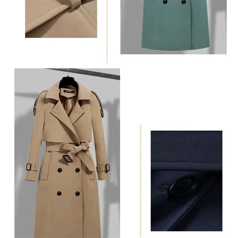 Women Long Trench Coat Fashion Windproof Coat Double Breasted Trench Coats Green Belt Windbreaker Spring Autumn Female Outerwear