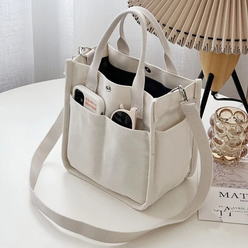 Simple Versatile Shoulder Bag Large Capacity HandBag Fashion Casual Solid Canvas Tote Crossbody Bags Multiple Pockets For Girls