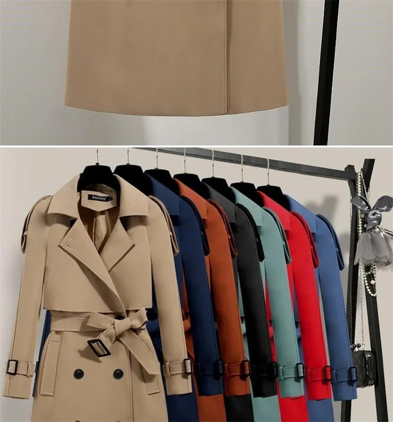 Women Long Trench Coat Fashion Windproof Coat Double Breasted Trench Coats Green Belt Windbreaker Spring Autumn Female Outerwear