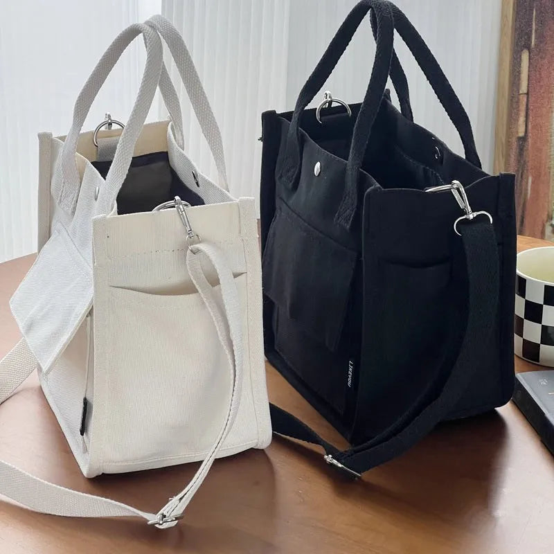 Simple Versatile Shoulder Bag Large Capacity HandBag Fashion Casual Solid Canvas Tote Crossbody Bags Multiple Pockets For Girls