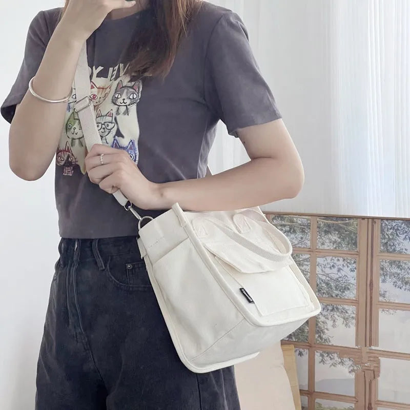 Simple Versatile Shoulder Bag Large Capacity HandBag Fashion Casual Solid Canvas Tote Crossbody Bags Multiple Pockets For Girls
