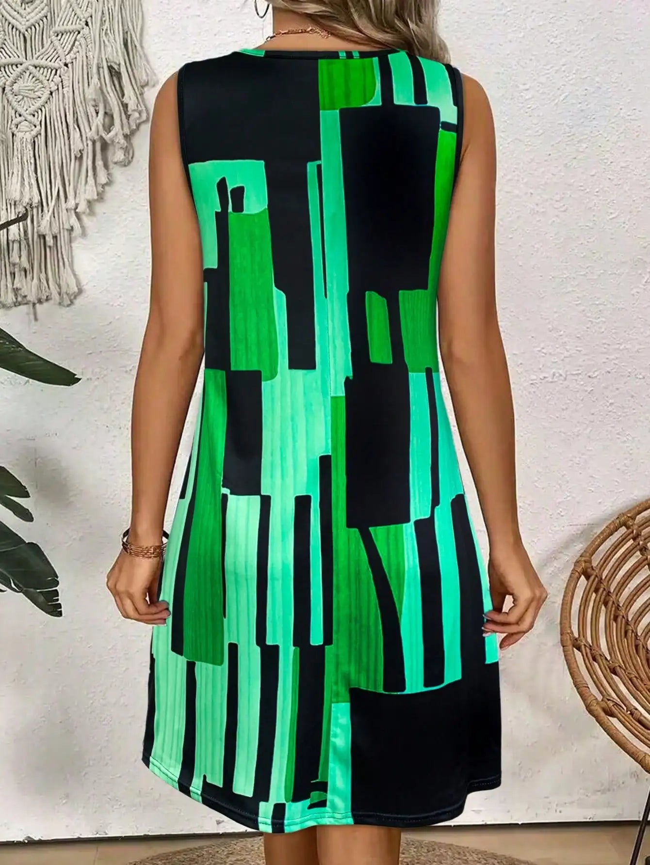 Spring&Summer Women's Geometric Pattern Sleeveless Dress For Summer Vacation,dresses for women summer，Women Bohemia Midi Dresses