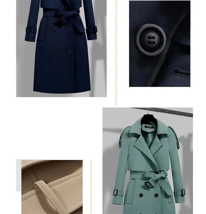 Women Long Trench Coat Fashion Windproof Coat Double Breasted Trench Coats Green Belt Windbreaker Spring Autumn Female Outerwear
