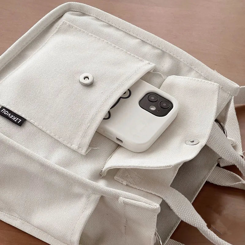 Simple Versatile Shoulder Bag Large Capacity HandBag Fashion Casual Solid Canvas Tote Crossbody Bags Multiple Pockets For Girls